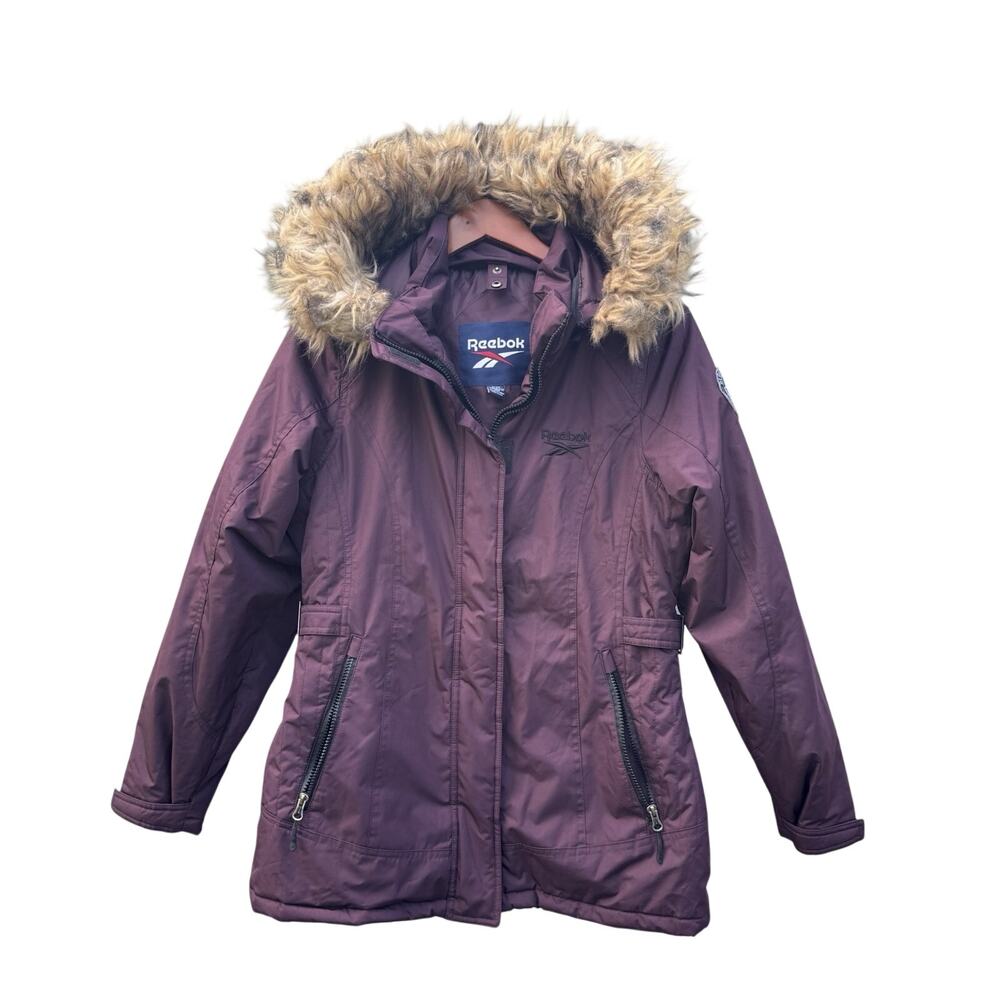 Reebok Women’s M Jacket Parka Purple Zip Off Faux Fur Hood Coat Reebok 1895 EUC